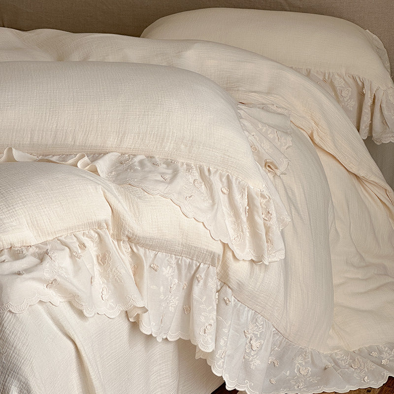 Romantic bedding set made of cotton-linen with embroidered lace, ruffle, and bed skirt
