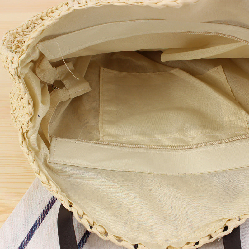 Round Bast Tote Bag with Leather-Embellished Handles Kalsten