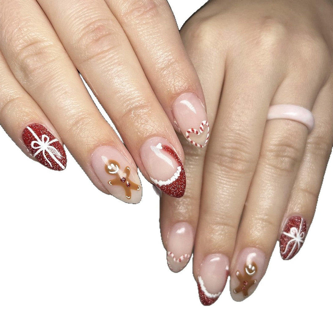 Artificial nail set with festive candy cane and gingerbread pattern Kalsten