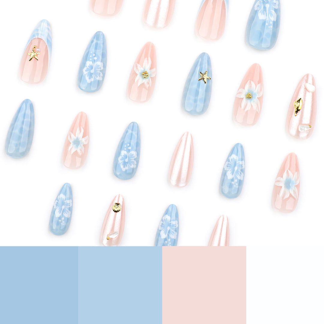 Artful nail extensions with delicate floral designs and glitter accents Kalsten