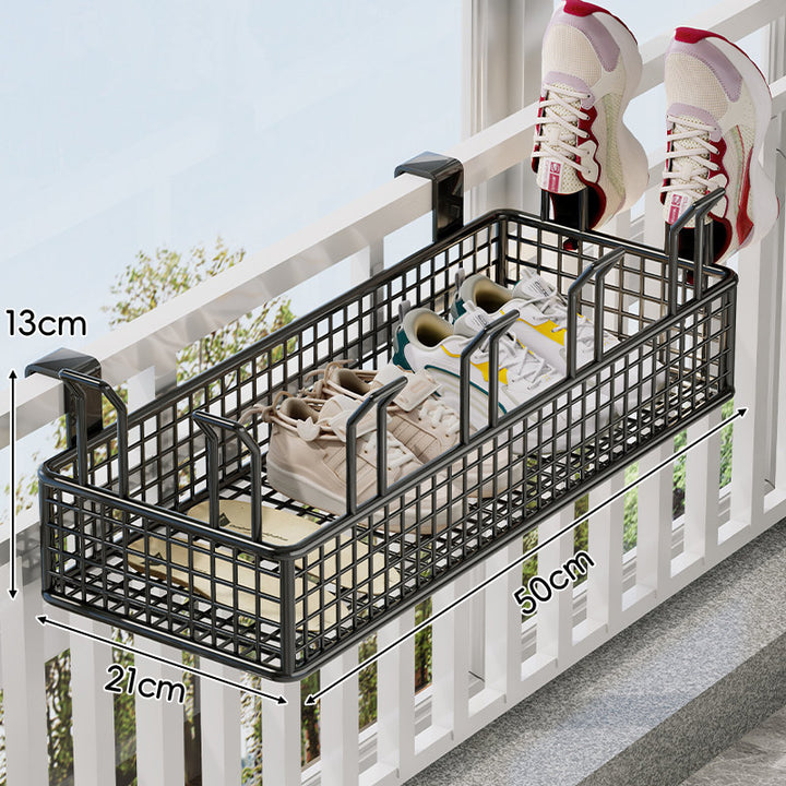 Over-Rail Balcony Shoe Drying and Storage Basket with Divided Mesh Compartments