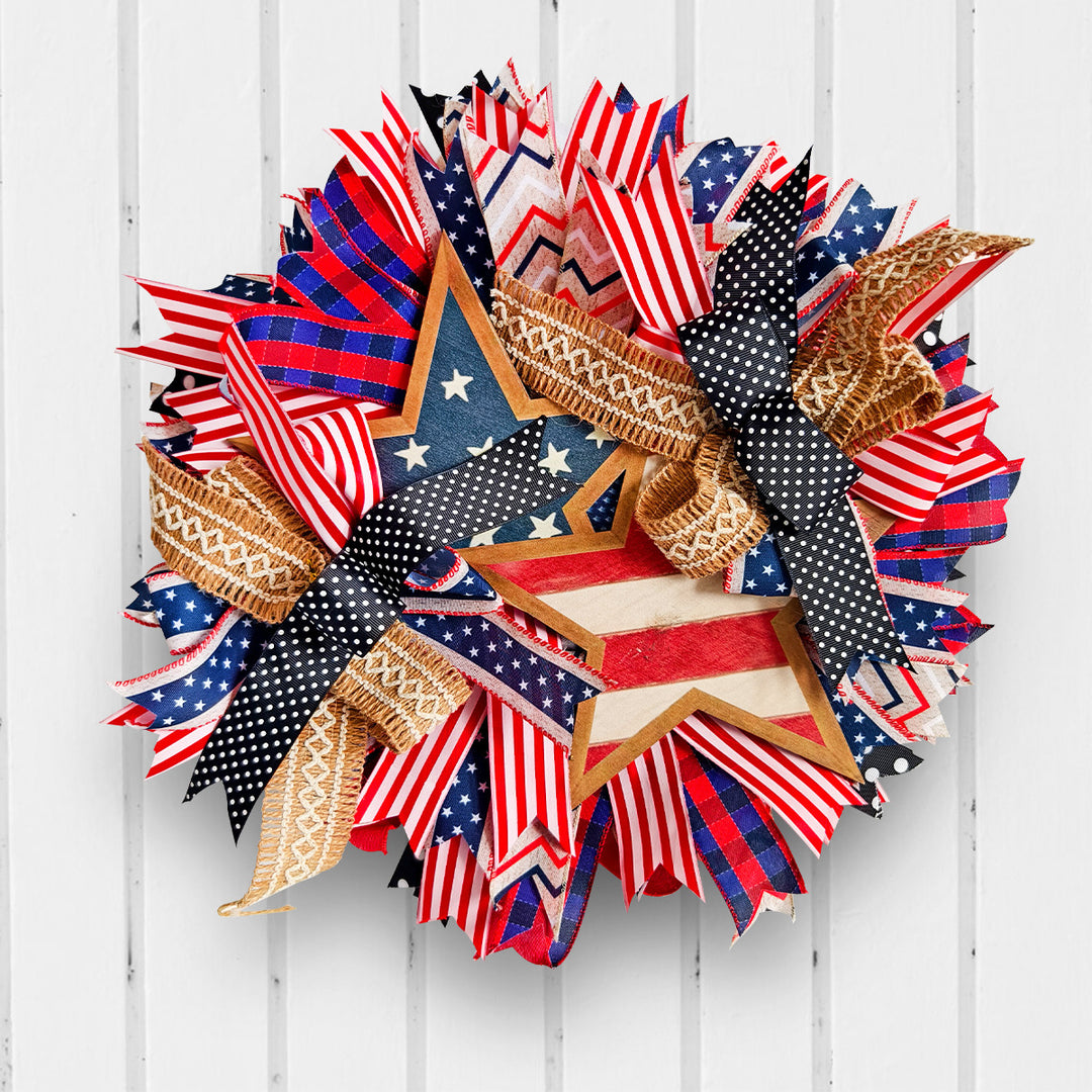 Unisex nan decorative layered Americana star burlap ribbon door wreath with mixed patterned fabric streamers and polka dot bow Kalsten