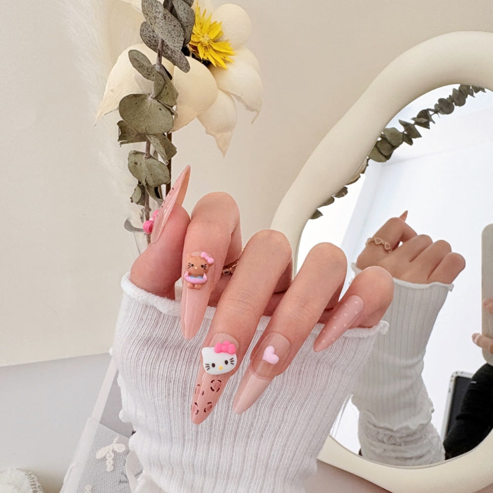 Artistic Press-On Nail Set with Floral and Gemstone Accents Kalsten