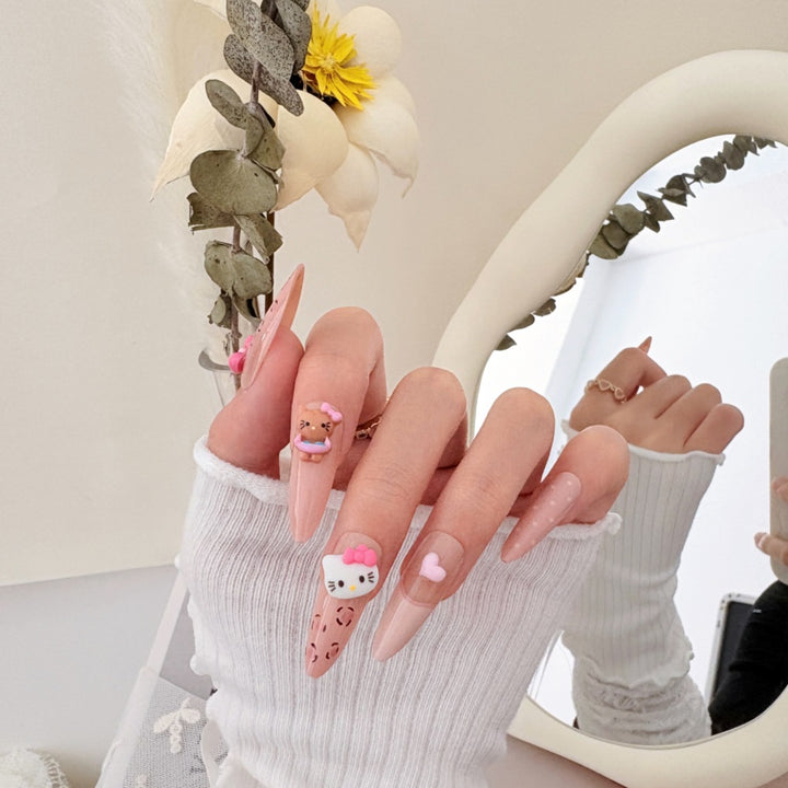 Artistic Press-On Nail Set with Floral and Gemstone Accents Kalsten