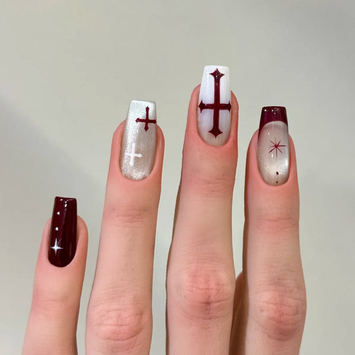 Artistic Press-On Nail Set with Cross Designs Kalsten