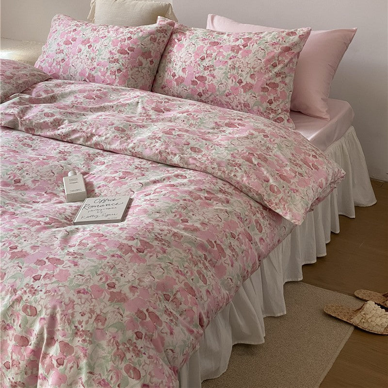 Duvet cover set made of fine cotton satin with watercolor floral print and breathable percale effect