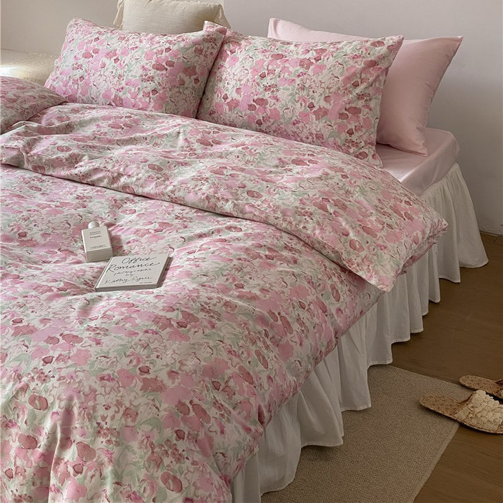 Duvet cover set made of fine cotton satin with watercolor floral print and breathable percale effect