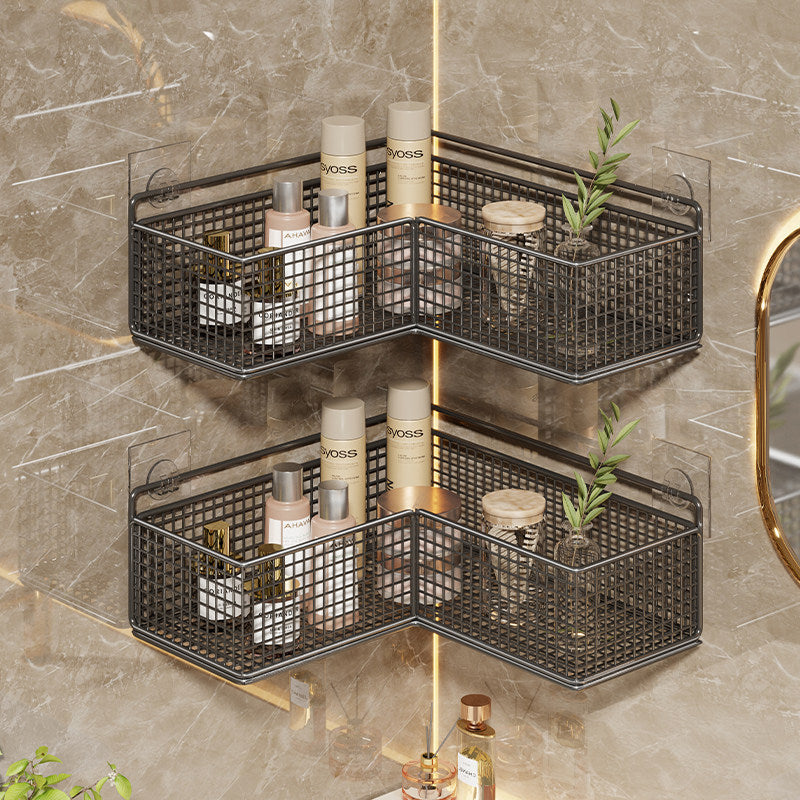 Corner Suction-Mounted Mesh Vanity Organizer with Dual Floating Baskets and Hook Rack