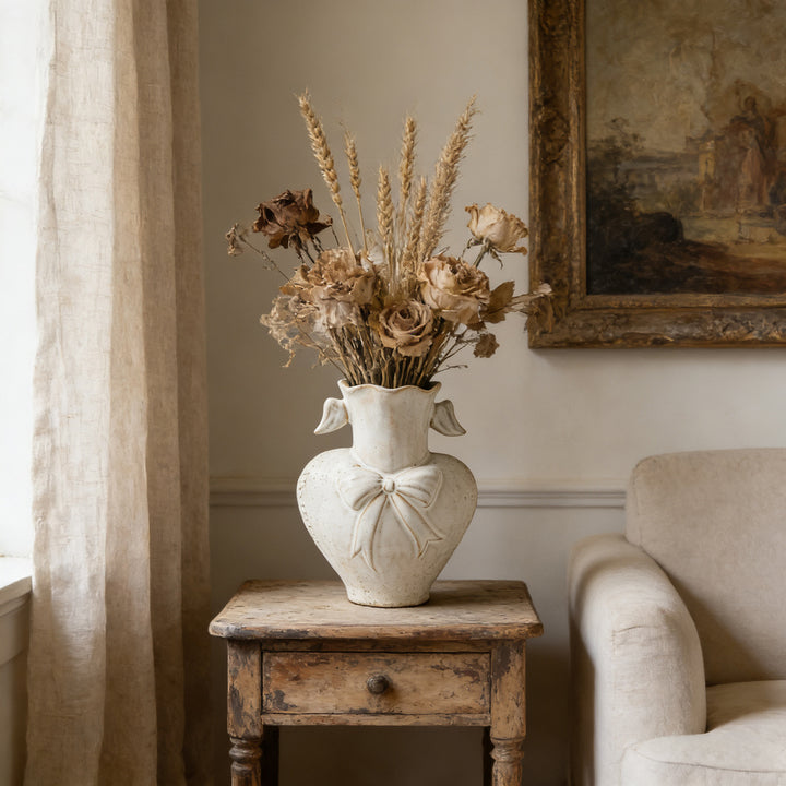 Decorative Heart-Shaped Ceramic Vase with Sculpted Bow and Wavy Neck