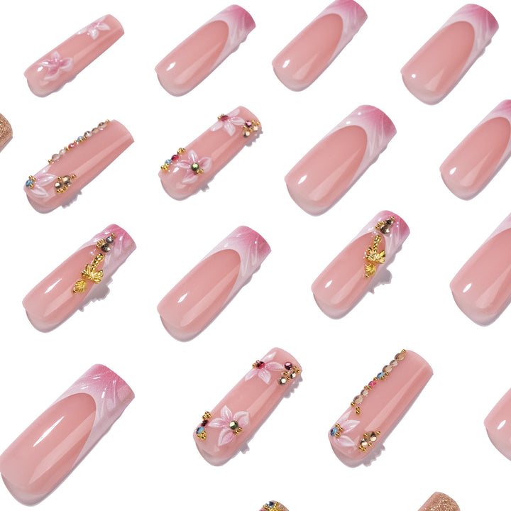 Artistic Nail Extensions with Rhinestone and Flower Embellishments Kalsten