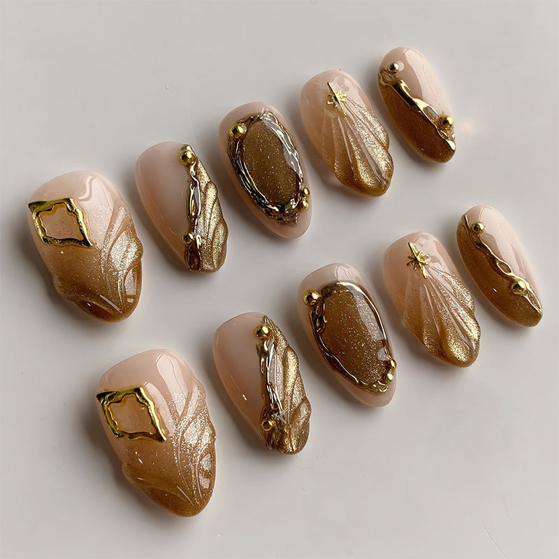 Luxurious Press-On Nail Set with Ornate Gold Detailing Kalsten
