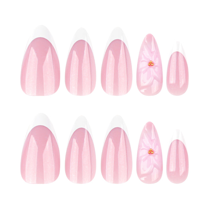 Artistic French-Tip Nail Extensions with Flower Accents Kalsten