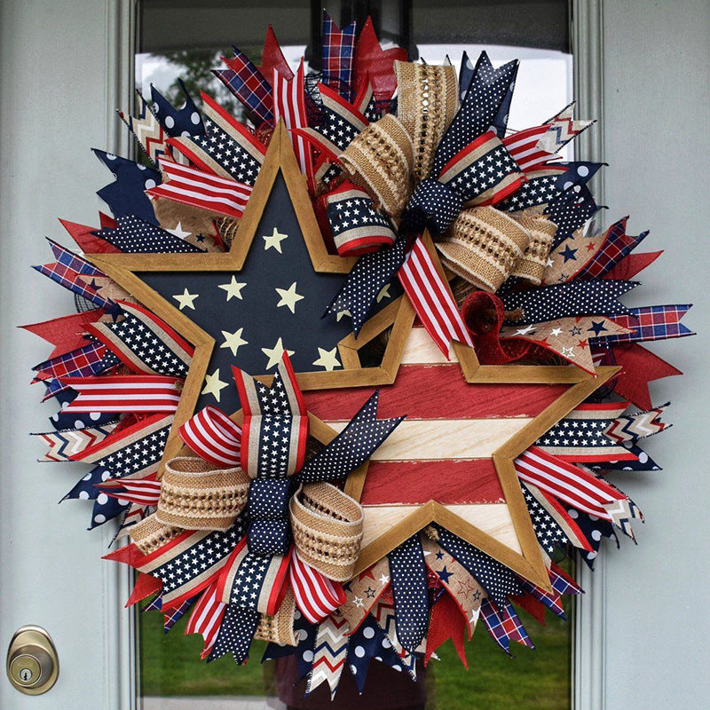 Unisex decorative door wreath in country style with wooden star, ribbons and versatile bands Kalsten