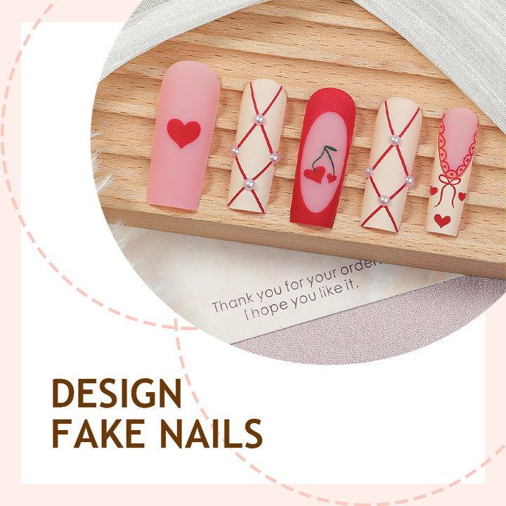 Art nail set with romantic heart and cherry motifs Kalsten