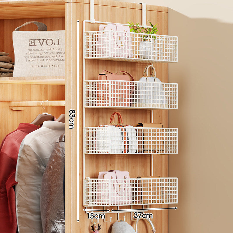 Over-the-Door Metal Grid Hanging Organizer with Four Stackable Baskets and Hooks