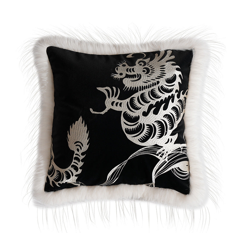 Square velvet decorative pillow with embroidered dragon motif and faux fur trim