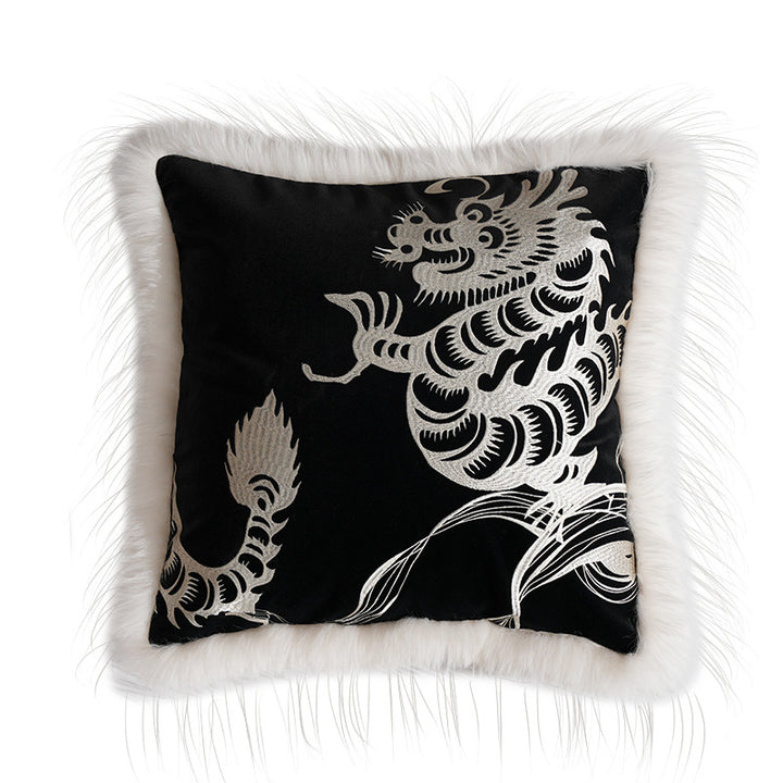 Square velvet decorative pillow with embroidered dragon motif and faux fur trim