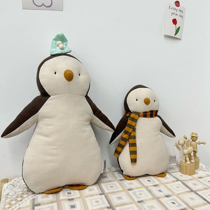 Handcrafted Organic Cotton Penguin Plush Toy with Striped Knit Scarf and Embroidered Face