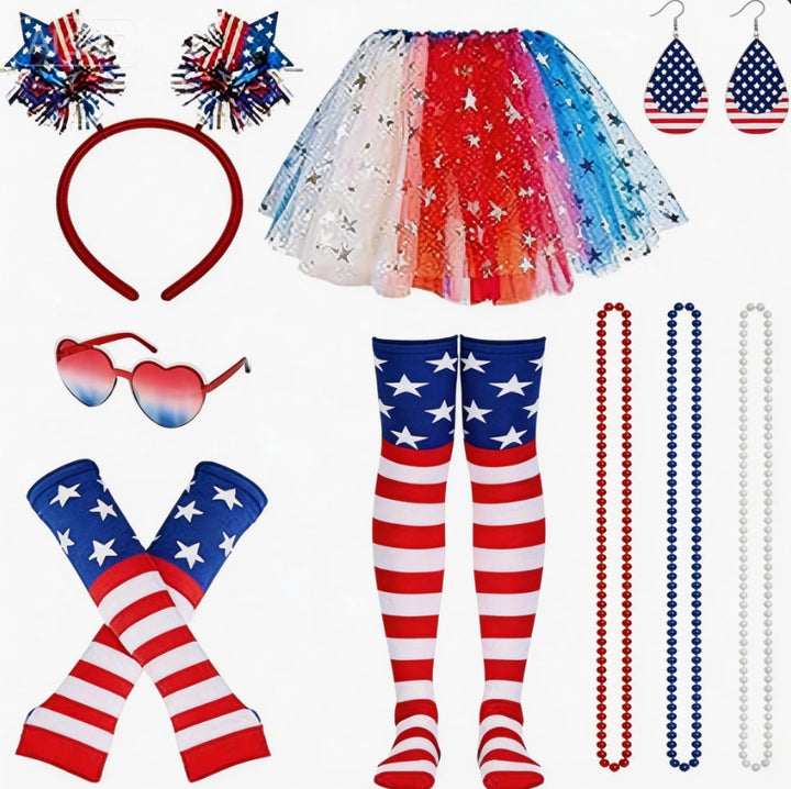 Women's nan patriotic tulle layered mini skirt headband arm sleeves and thigh high socks set Kalsten