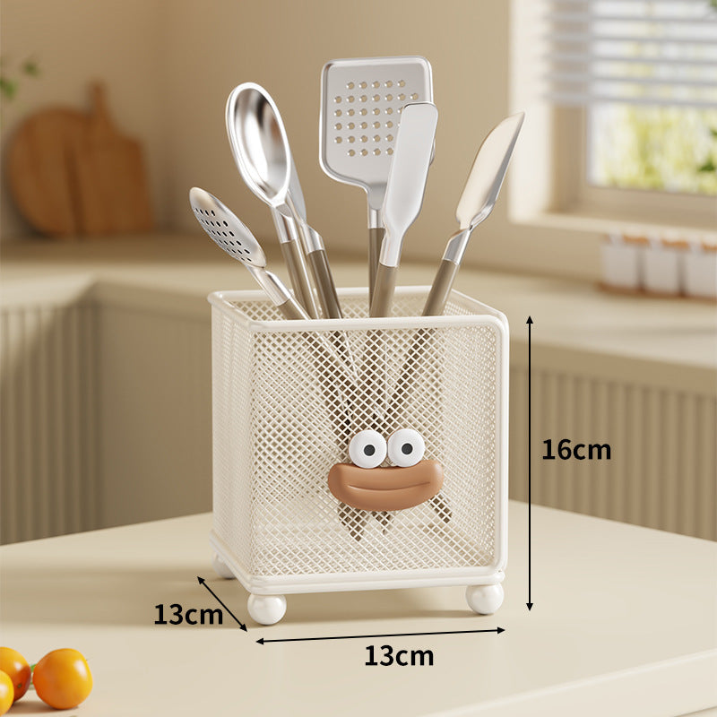 Mesh Square Utensil Holder Tabletop Kitchen Organizer with Playful Face and Raised Feet
