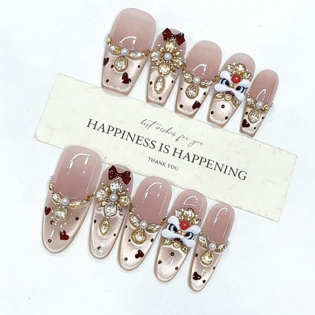 Decorative Press-On Nail Art Set with Heart and Gem Accents Kalsten