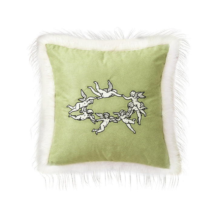 Square decorative velvet cushion cover with faux fur trim and cherub embroidery Kalsten