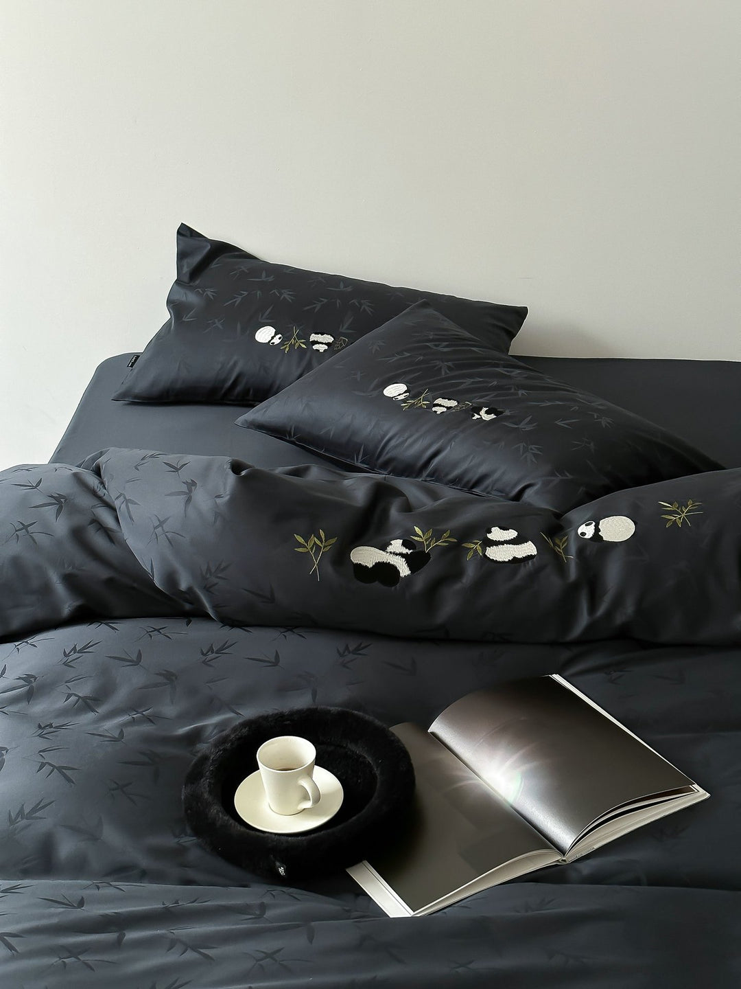 finely woven cotton satin bedding set with panda embroidery and bamboo jacquard