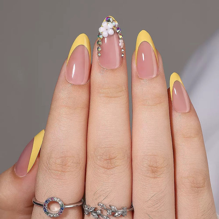 Artificial nail set with elegant French design and 3D flower decorations Kalsten