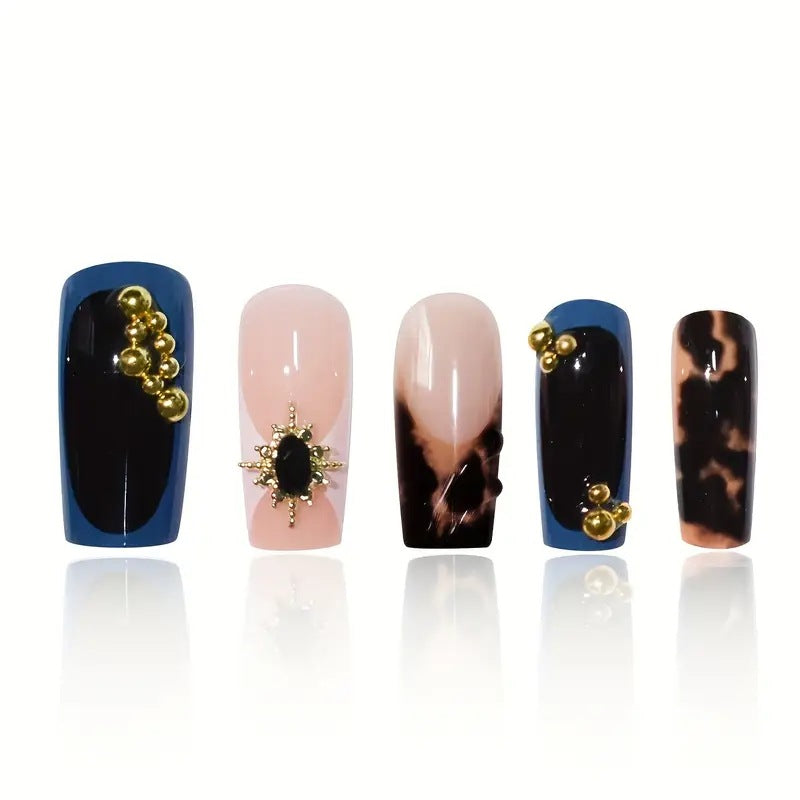 Artistic Patterned Press-On Nail Set with Decorative Elements Kalsten