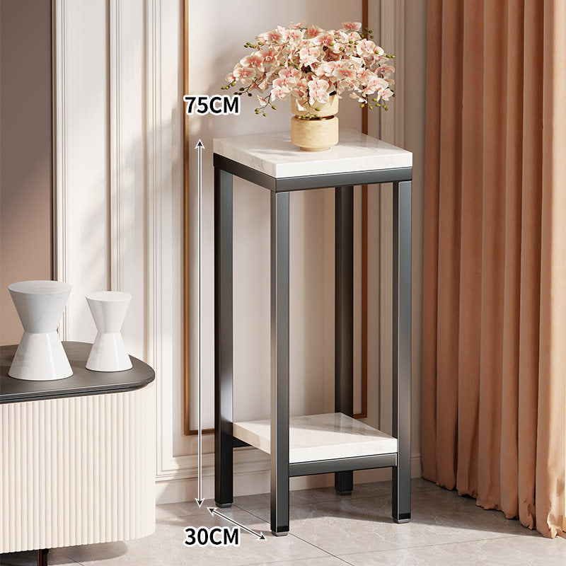 Tall Narrow Marble-Top Plant Stand Side Table with Lower Shelf and Gold Metal Frame