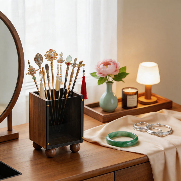 Smoked Acrylic and Walnut Desktop Makeup Brush Organizer with Round Wooden Feet