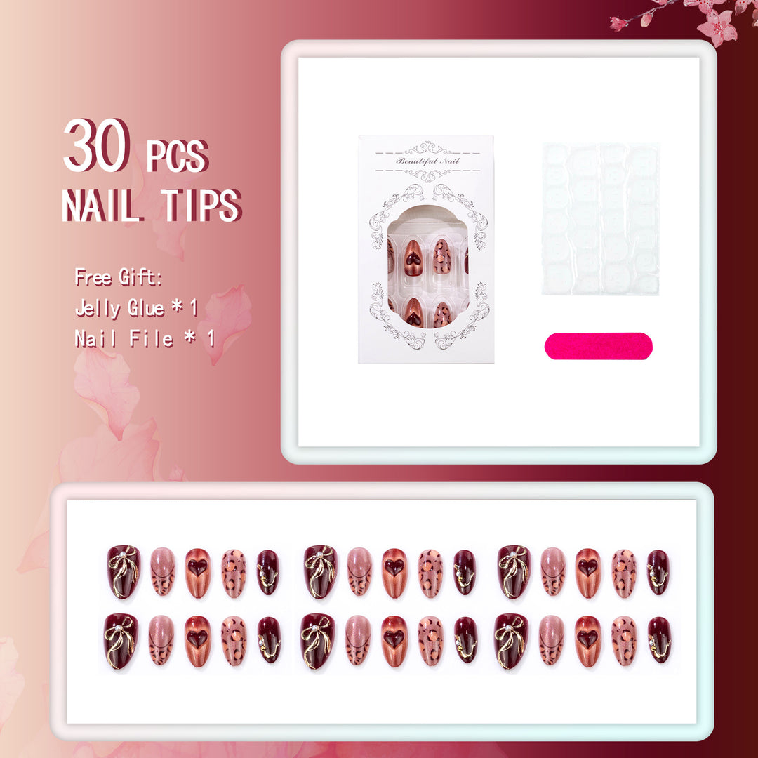 Decorative Press-On Nail Art Set with Animal Print and Heart Accents