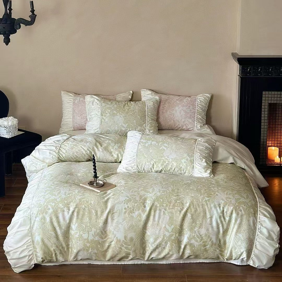 Luxurious jacquard bedding set with ruffled frill, satin trim, and decorative pillows