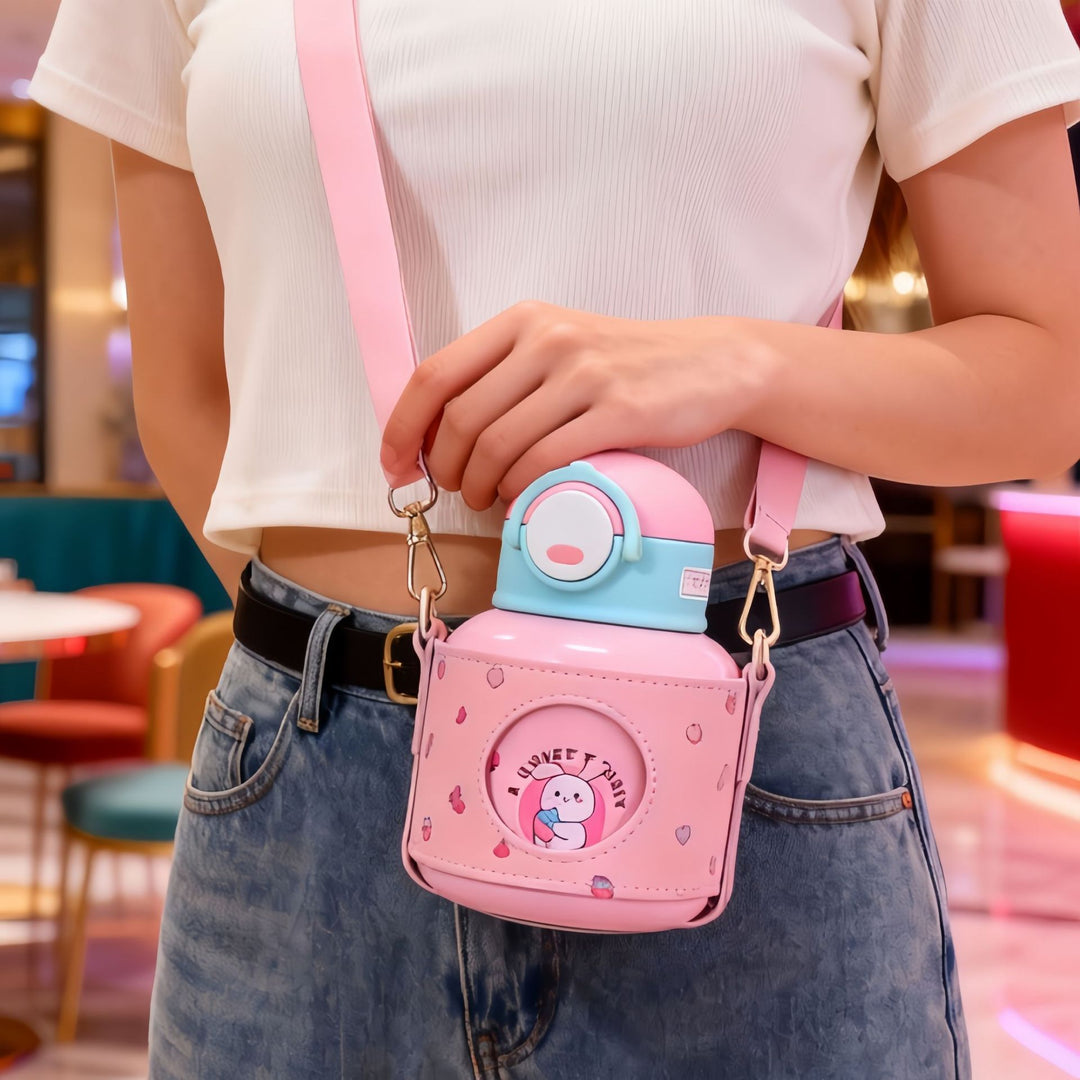 Women's Insulated Drinking Bottle with Cheerful Design and Practical Carry Strap Kalsten