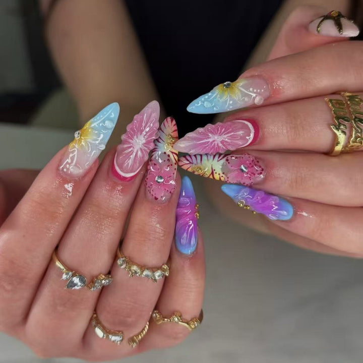 Artistic Press-On Nail Set with Floral 3D Design Kalsten