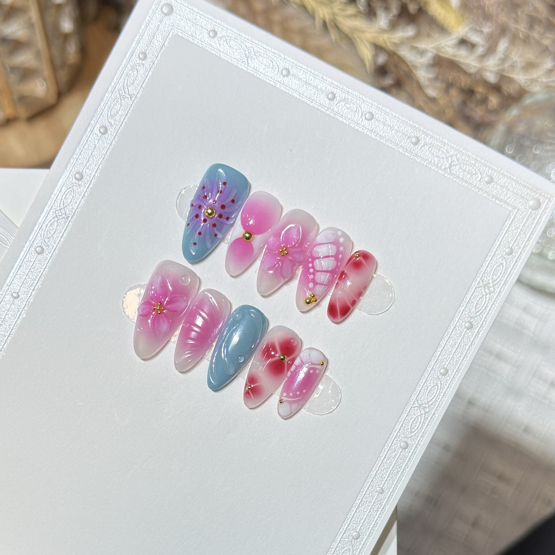 Artistic Press-On Nail Set with Floral and Abstract Designs Kalsten