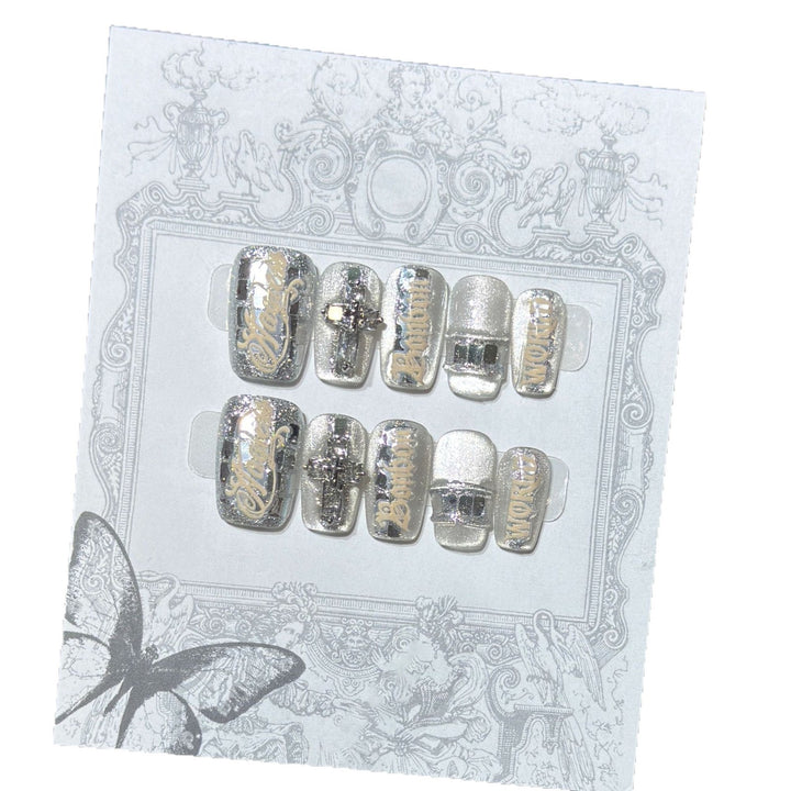 Metallic Press-On Nail Set with Decorative Silver Accents Kalsten