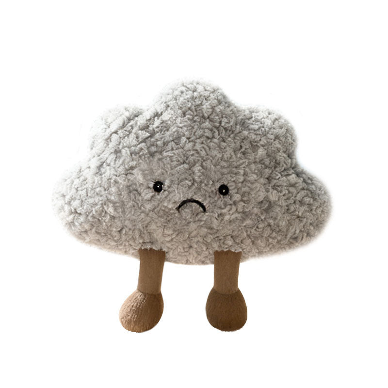 Curly Faux-Fur Sad Cloud Plush Pillow with Corduroy Legs and Embroidered Face Kalsten