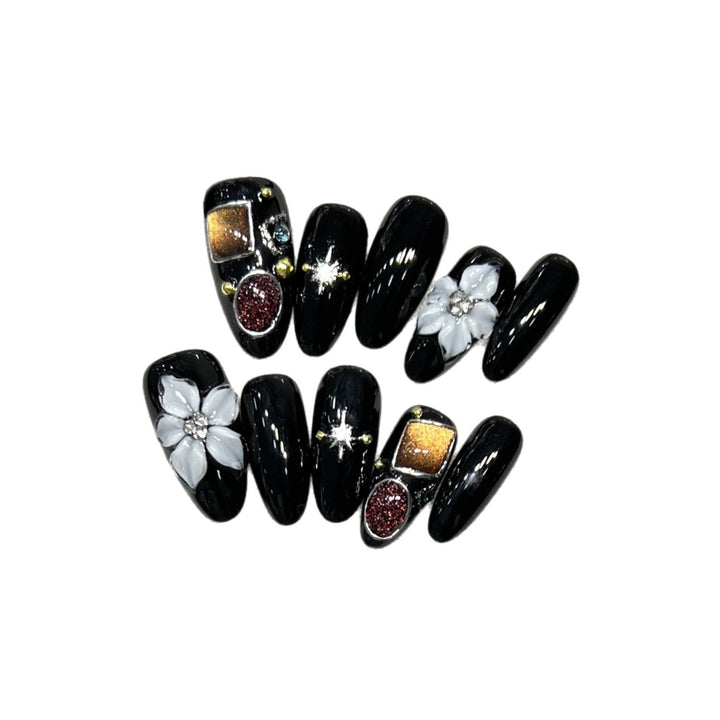 Decorative Press-On Nail Art Set with Floral and Crystal Accents Kalsten