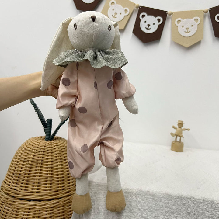 Soft Vintage-Style Long-Eared Fabric Bunny Doll in Checked Overalls