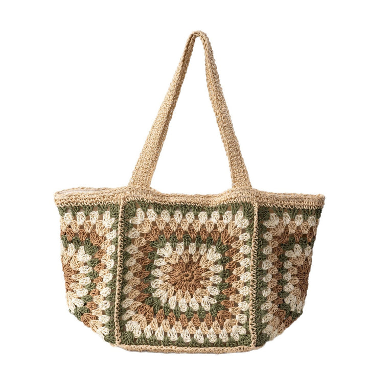 Beach bag made of hand-woven natural material with a square pattern Kalsten