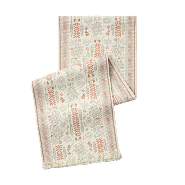 Vintage-inspired woven table runner with floral border and fringes Kalsten