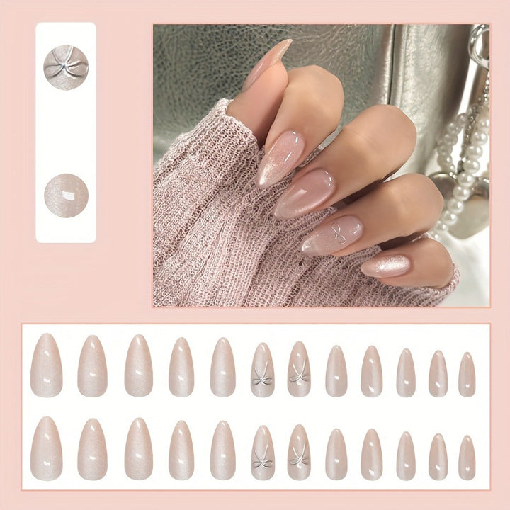 Artificial nail set with delicate glitter and elegant bow decorations Kalsten