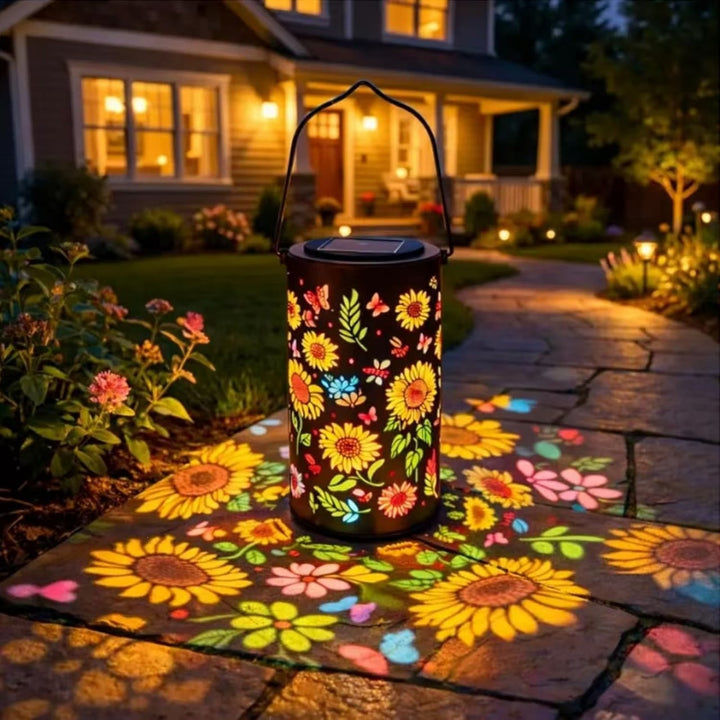 Solar Projection Lantern With Sunflower Floral Metal Cylinder And Hanging Handle Kalsten