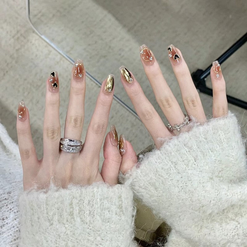 Artistic Press-On Nail Set with Heart and Glitter Accents Kalsten