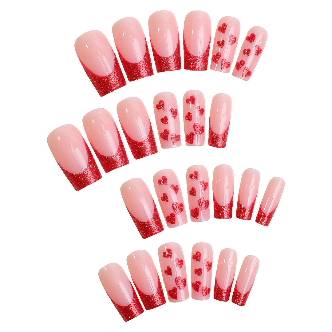 Acrylic nail set with glamorous heart designs and glitter accents Kalsten