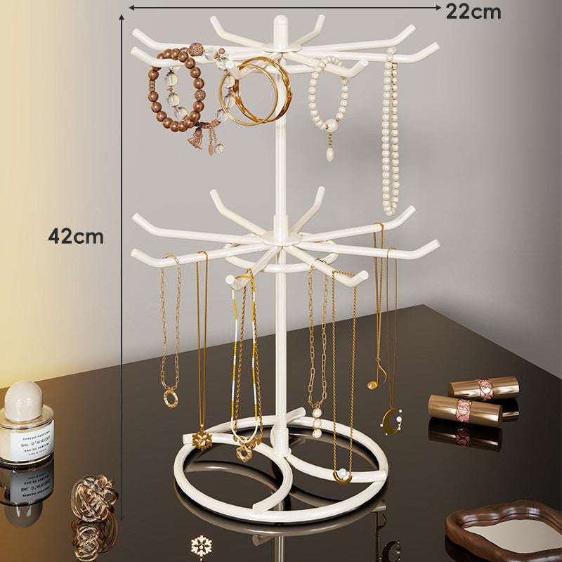 Rotating Tiered Jewelry Organizer Stand with Multi-Arm Hooks and Circular Ring Trays