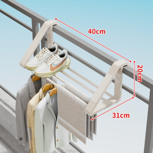 Window-Mounted Foldable Drying Rack with Multi-Bar Shoe and Garment Shelf