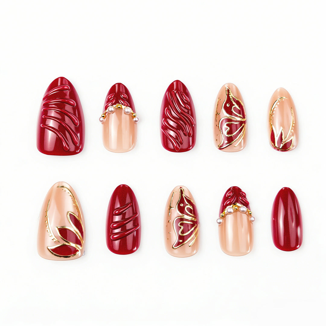 Artistic Press-On Nail Set with Pearl and Butterfly Accents