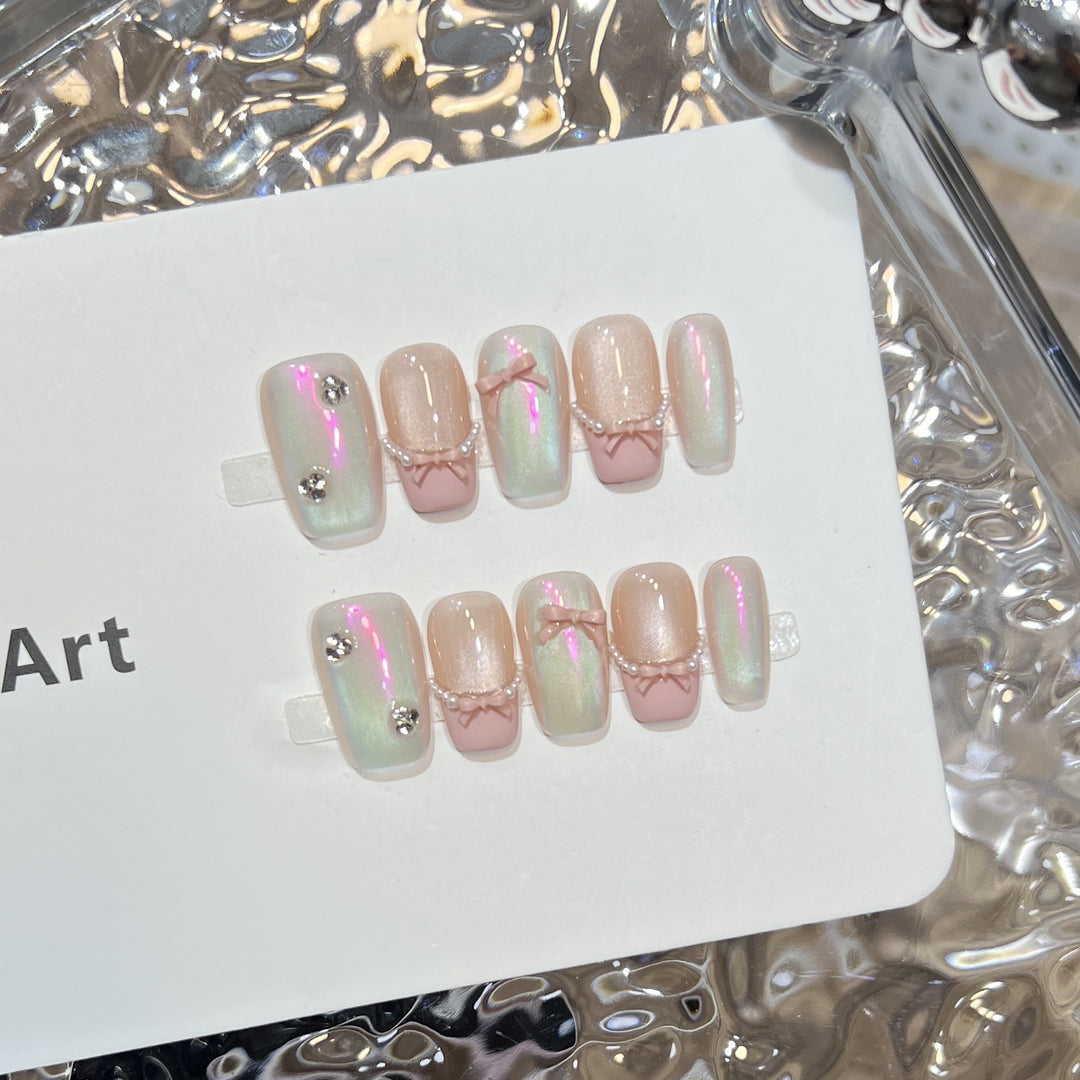 Decorative Press-On Nail Art Set with Artistic Bow and Pearl Accents Kalsten